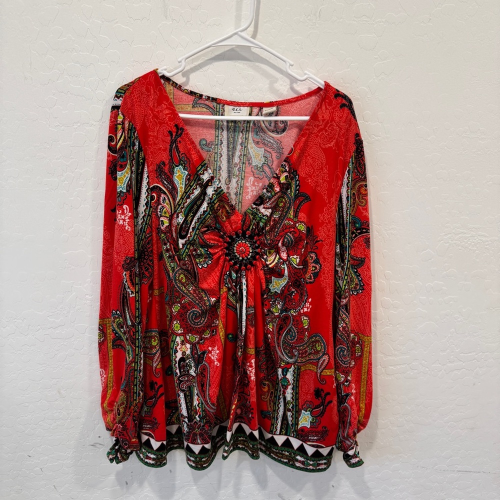 Y2K eci Blouse Women’s XXL Paisley Long Sleeve Colorful Artsy Beaded Bohemian